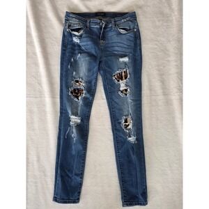 Judy Blue Skinny Fit Distressed Jeans Leopard Print Pockets Size 9 29